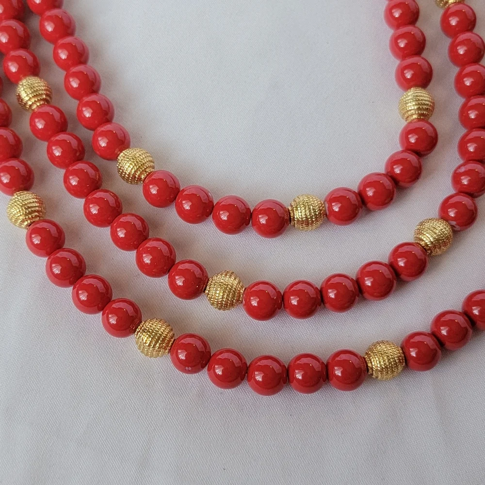 Talbots Signed Red and Gold Three Strand Beaded Necklace